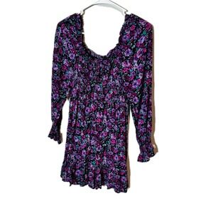 Wild Fable Purple Floral Smocked Mini Dress Long Sleeve Square Neck XS
